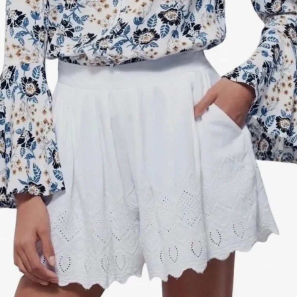 Free People White Eyelet Scalloped Hem High-Waist Shorts